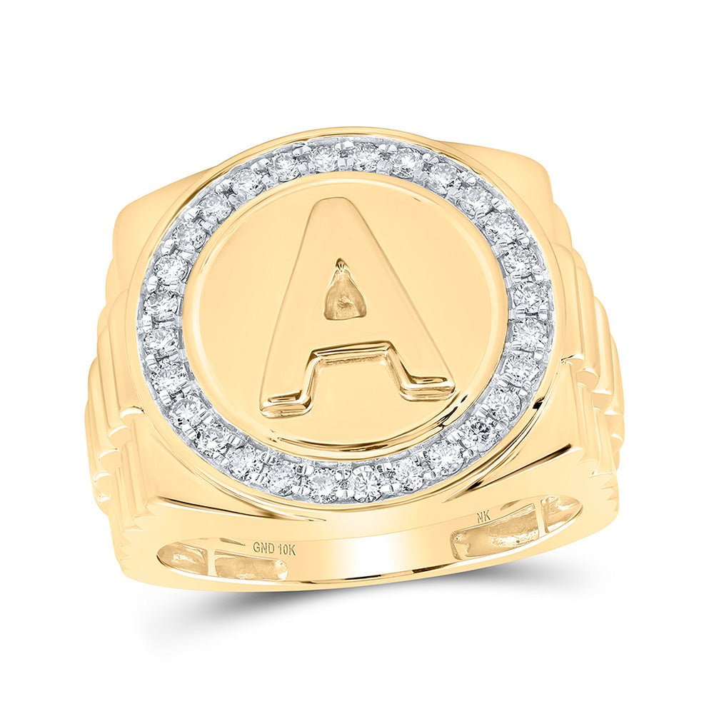 Men's Rings | 10kt Yellow Gold Mens Round Diamond Letter A Circle Ring 1/2 Cttw | Splendid Jewellery GND