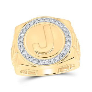 Men's Rings | 10kt Yellow Gold Mens Round Diamond Letter J Circle Ring 1/2 Cttw | Splendid Jewellery GND