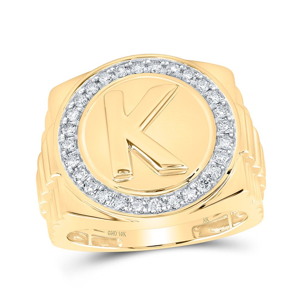 Men's Rings | 10kt Yellow Gold Mens Round Diamond Letter K Circle Ring 1/2 Cttw | Splendid Jewellery GND