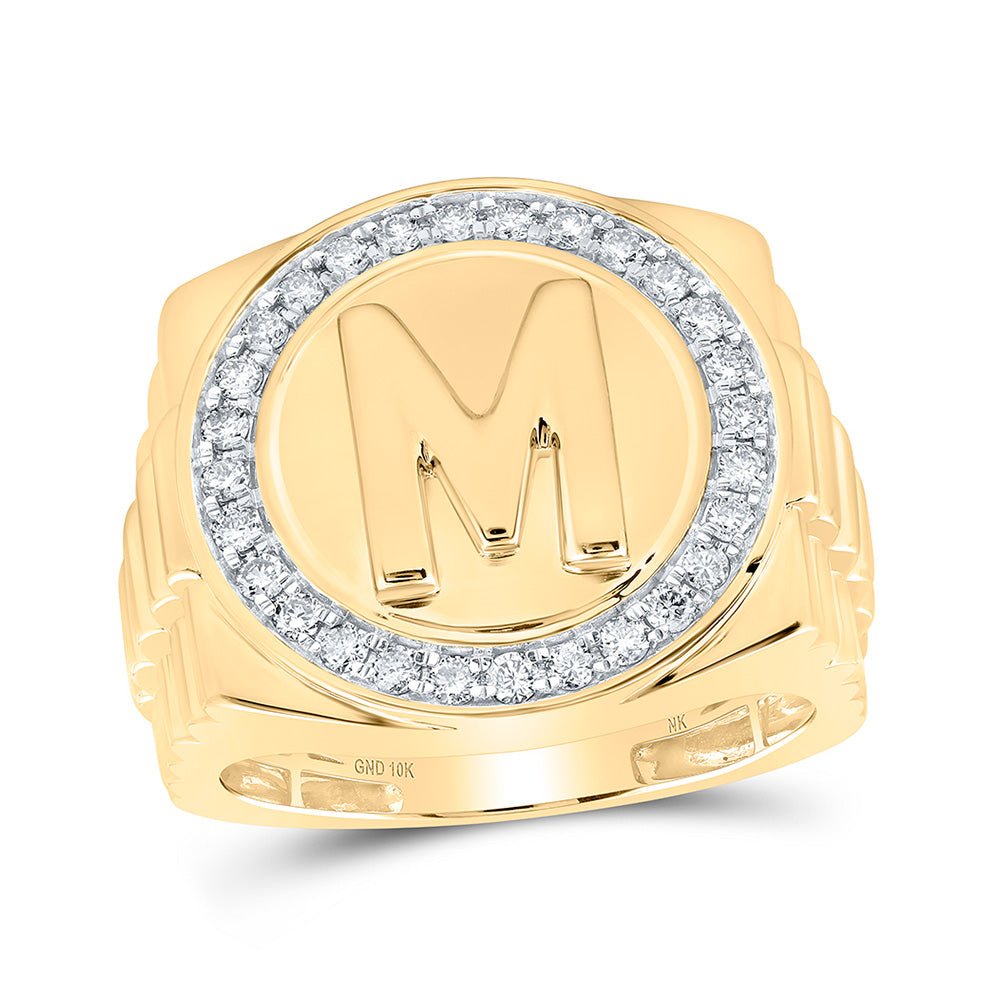 Men's Rings | 10kt Yellow Gold Mens Round Diamond Letter M Circle Ring 1/2 Cttw | Splendid Jewellery GND