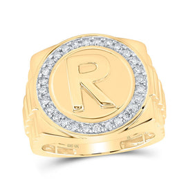 10kt Yellow Gold Men's Round Diamond Initial R Circle Ring - 1/2 Cttw | Splendid Jewellery product  Top View from Splendid Jewellery