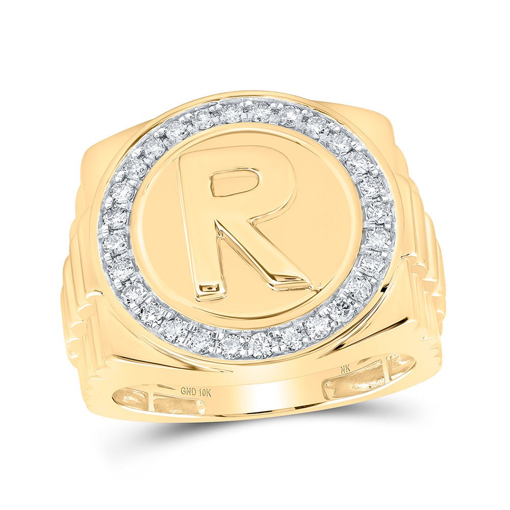 Men's Rings | 10kt Yellow Gold Mens Round Diamond Letter R Circle Ring 1/2 Cttw | Splendid Jewellery GND