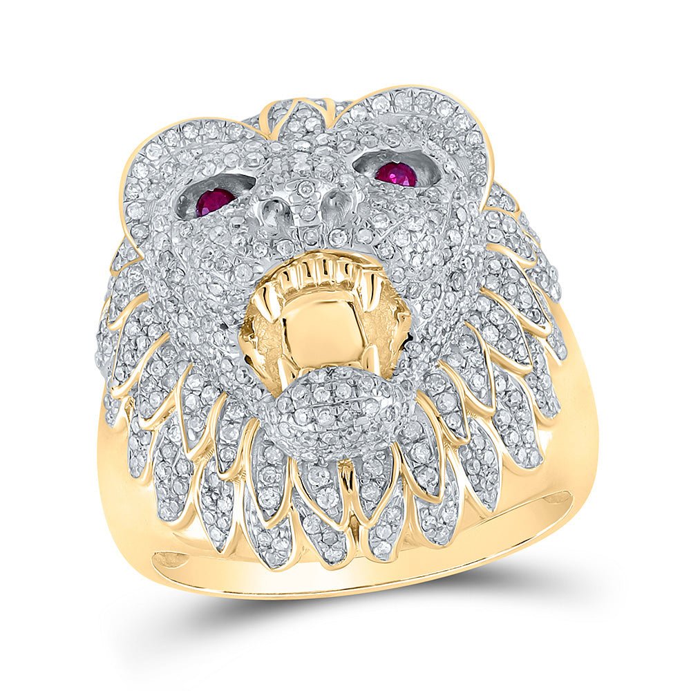 Men's Rings | 10kt Yellow Gold Mens Round Diamond Lion Animal Ring 1-3/8 Cttw | Splendid Jewellery GND