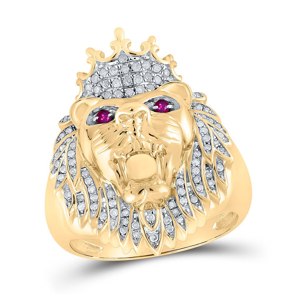 Men's Rings | 10kt Yellow Gold Mens Round Diamond Lion Animal Ring 1/2 Cttw | Splendid Jewellery GND