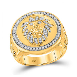 Men's Rings | 10kt Yellow Gold Mens Round Diamond Lion Circle Ring 5/8 Cttw | Splendid Jewellery GND