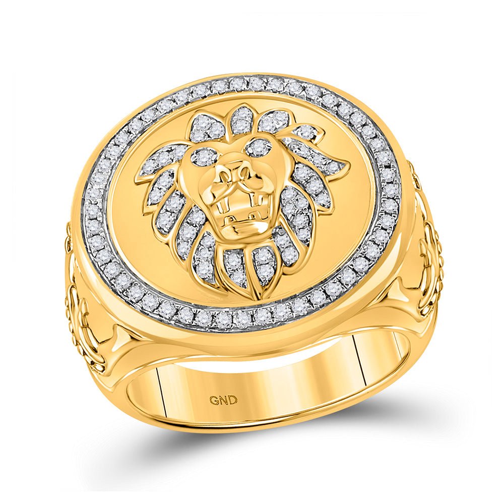 Men's Rings | 10kt Yellow Gold Mens Round Diamond Lion Circle Ring 5/8 Cttw | Splendid Jewellery GND