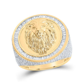 10kt Yellow Gold Mens Round Diamond Lion Face Circle Ring - Majestic Wilderness product  Top View from Splendid Jewellery