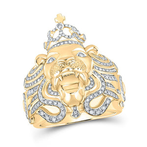 Men's Rings | 10kt Yellow Gold Mens Round Diamond Lion Face Crown Fashion Ring 3/4 Cttw | Splendid Jewellery GND