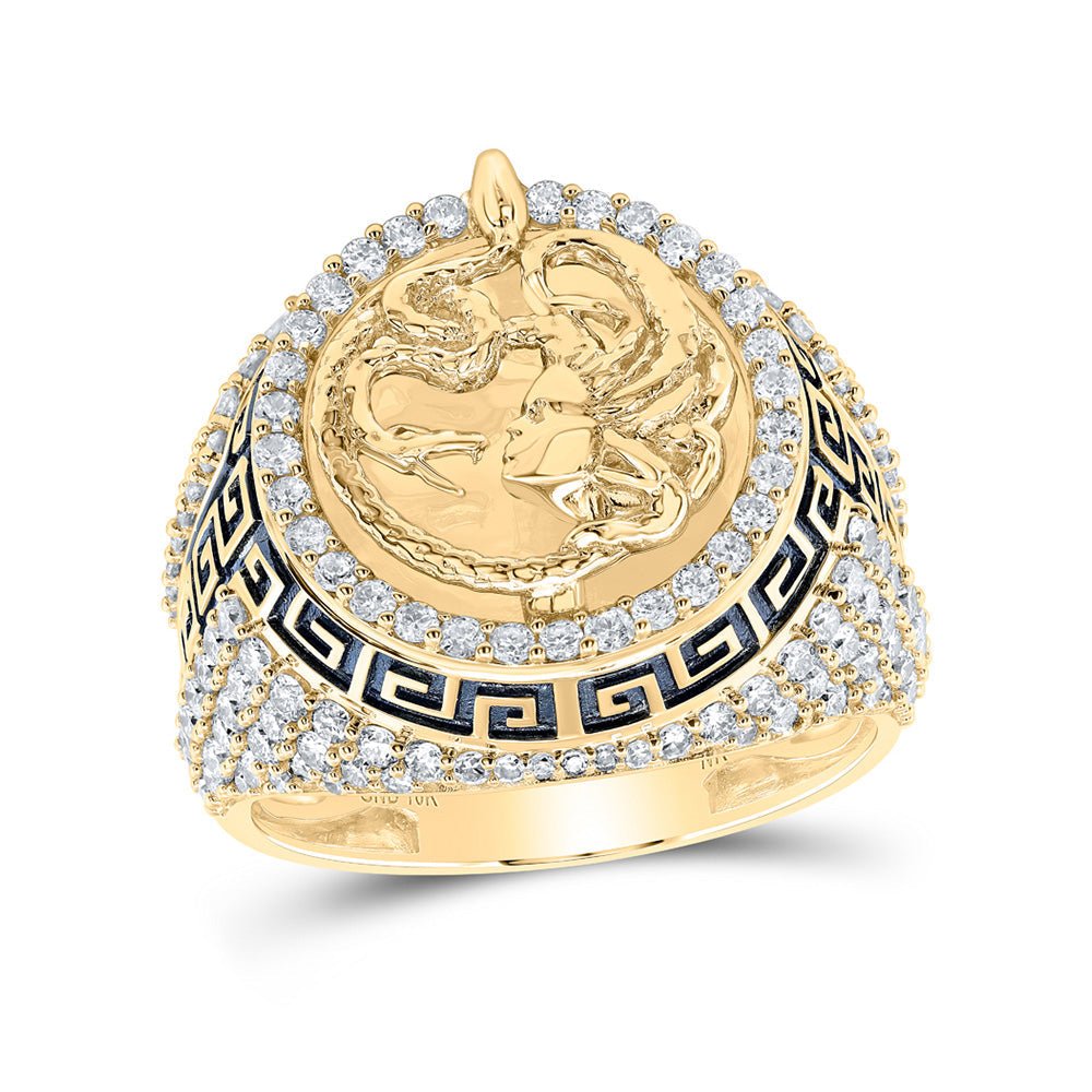 Men's Rings | 10kt Yellow Gold Mens Round Diamond Medusa Circle Ring 1-3/4 Cttw | Splendid Jewellery GND