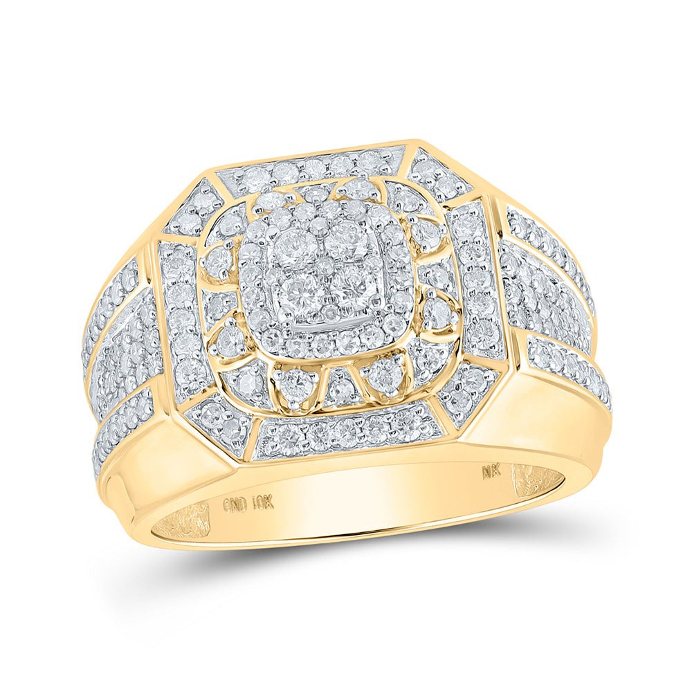 Men's Rings | 10kt Yellow Gold Mens Round Diamond Octagon Cluster Ring 1-1/3 Cttw | Splendid Jewellery GND