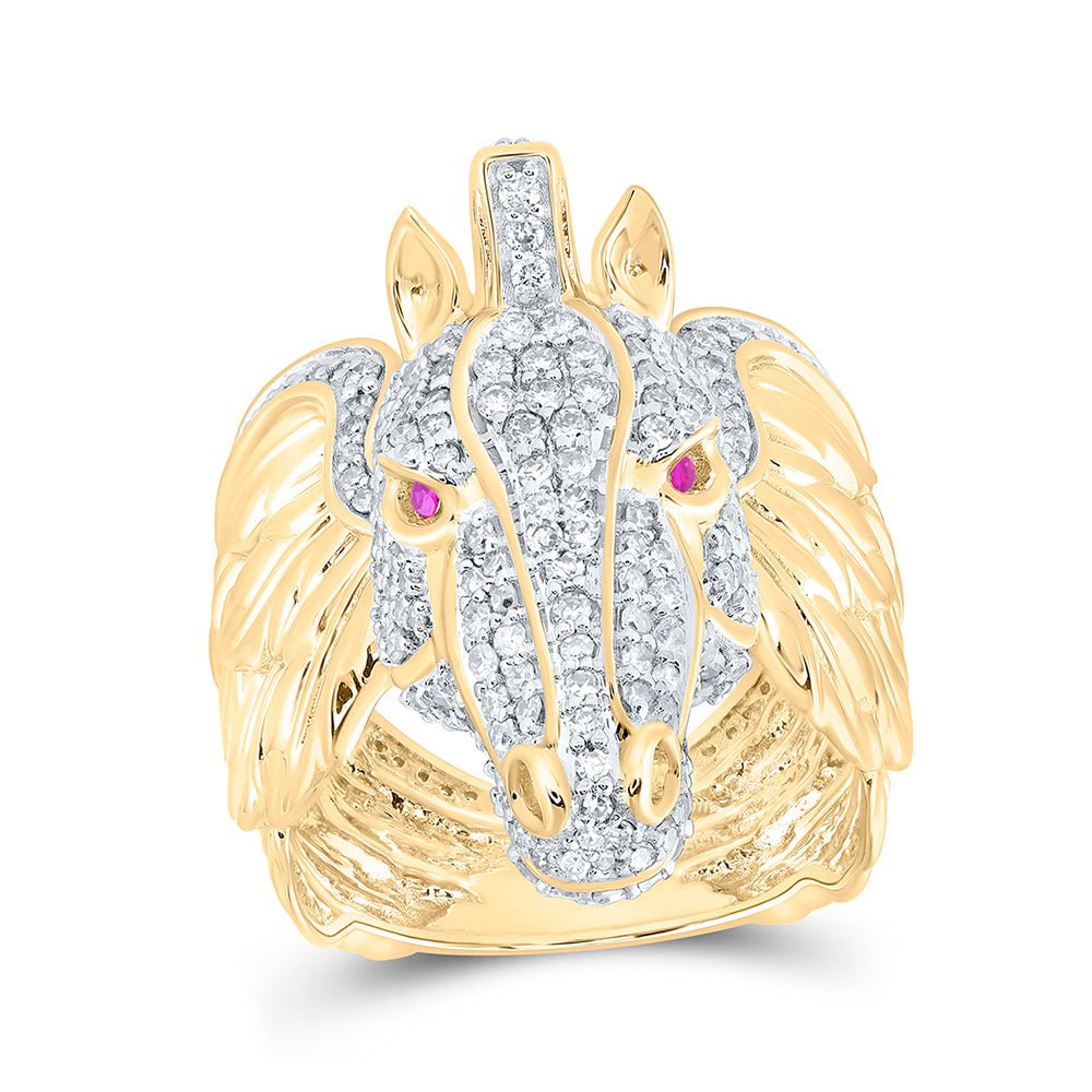 Men's Rings | 10kt Yellow Gold Mens Round Diamond Pegasus Animal Ring 2 Cttw | Splendid Jewellery GND