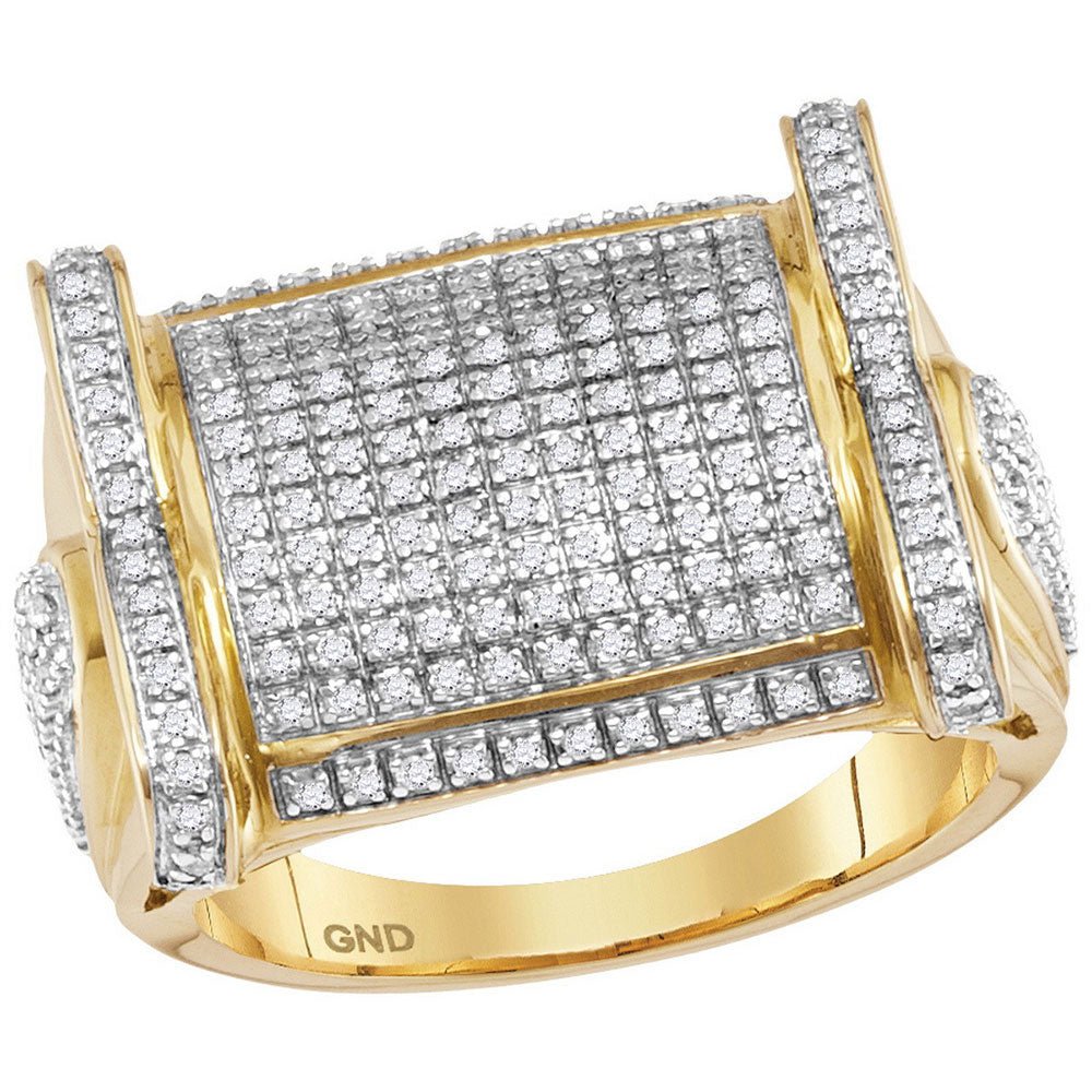 Men's Rings | 10kt Yellow Gold Mens Round Diamond Rectangle Cluster Ring 3/4 Cttw | Splendid Jewellery GND