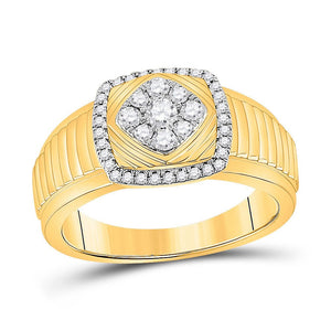 Men's Rings | 10kt Yellow Gold Mens Round Diamond Ribbed Square Cluster Ring 1/2 Cttw | Splendid Jewellery GND