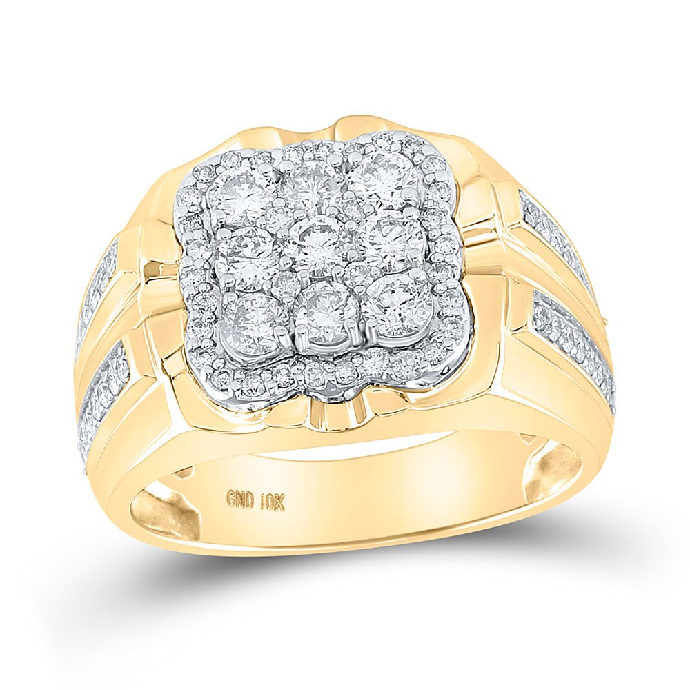 Men's Rings | 10kt Yellow Gold Mens Round Diamond Square Cluster Ring 1-1/2 Cttw | Splendid Jewellery GND