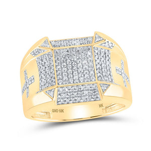 Men's Rings | 10kt Yellow Gold Mens Round Diamond Square Cross Ring 1/2 Cttw | Splendid Jewellery GND