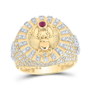 Men's Rings | 10kt Yellow Gold Mens Round Ruby Diamond Scarab Circle Ring 2-5/8 Cttw | Splendid Jewellery GND