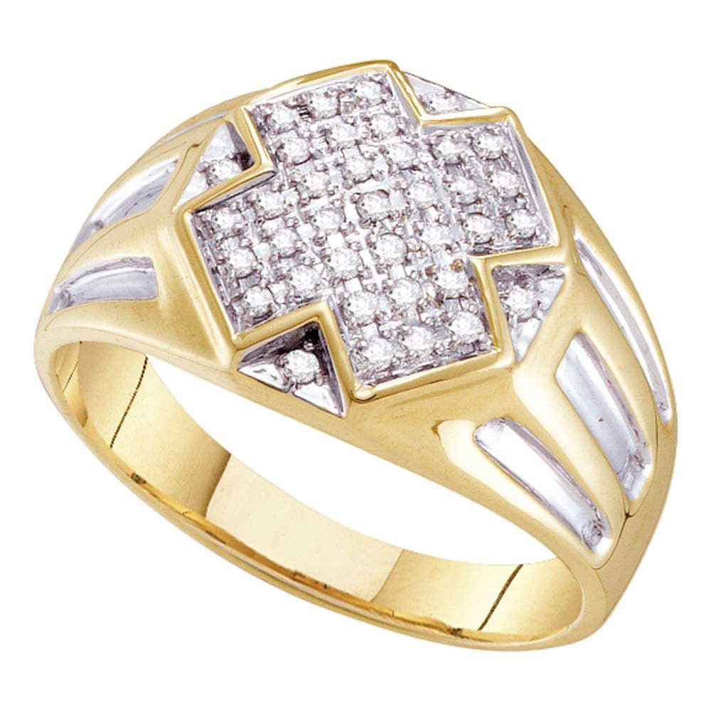 Men's Rings | 10kt Yellow Two-tone Gold Mens Round Diamond Cross Cluster Ring 1/4 Cttw | Splendid Jewellery GND