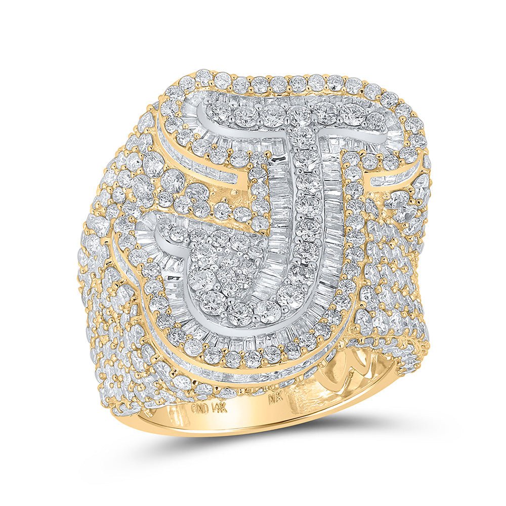 Men's Rings | 14kt Two-tone Gold Mens Baguette Diamond J Initial Letter Ring 7-7/8 Cttw | Splendid Jewellery GND