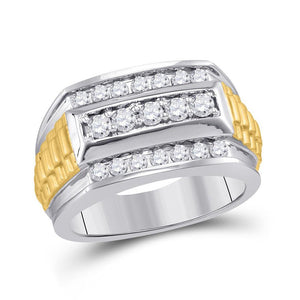 Men's Rings | 14kt Two-tone Gold Mens Round Diamond Ribbed Band Ring 1 Cttw | Splendid Jewellery GND