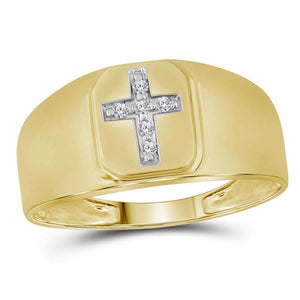 Men's Rings | 14kt Yellow Gold Mens Round Diamond Brushed Cross Band Ring 1/20 Cttw | Splendid Jewellery GND