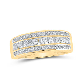 14kt Yellow Gold Triple Row Diamond Band Ring - 1 Cttw - Exquisite Men's Jewelry - Top View