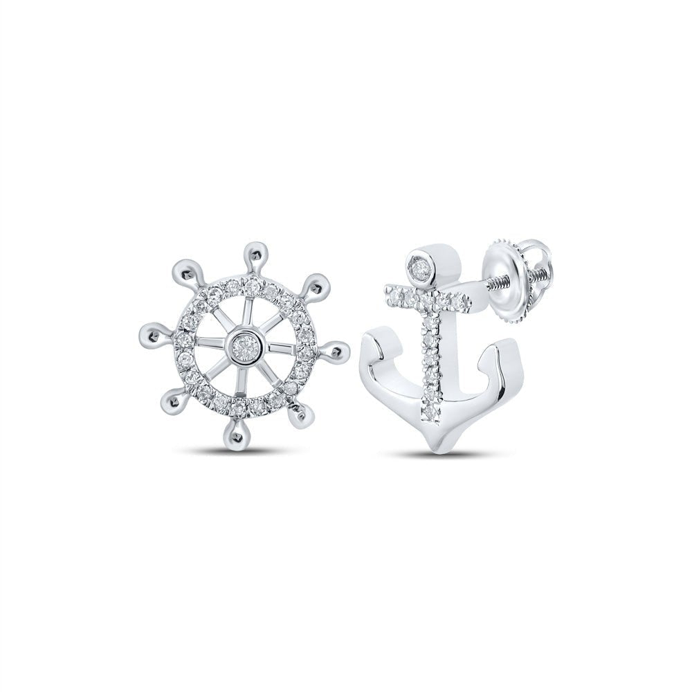 Nautical Dreams: 10kt White Gold Women's Round Diamond Anchor Wheel Stud Earrings - Splendid Jewellery