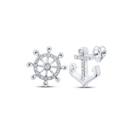 Nautical Dreams: 10kt White Gold Women's Round Diamond Anchor Wheel Stud Earrings - Splendid Jewellery