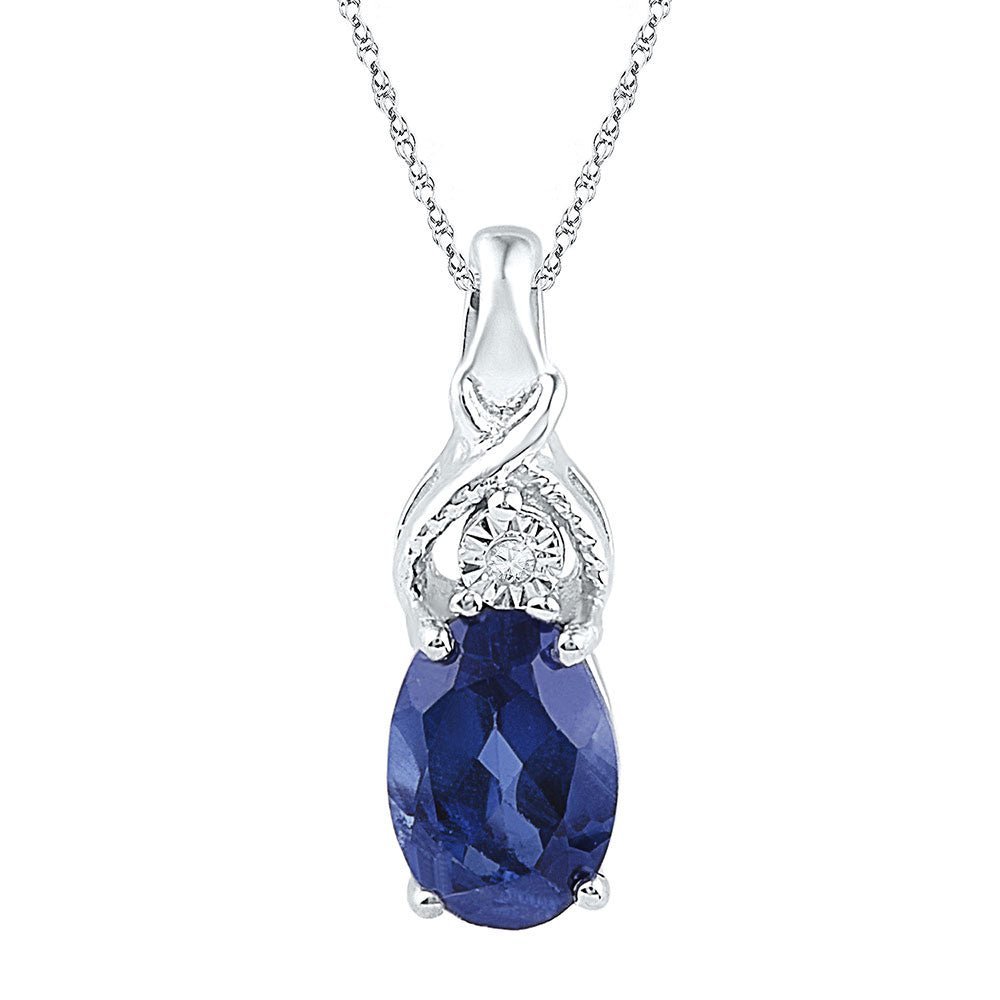Ocean Serenity: 10kt White Gold Oval Lab - Created Blue Sapphire Solitaire Diamond Pendant - Splendid Jewellery