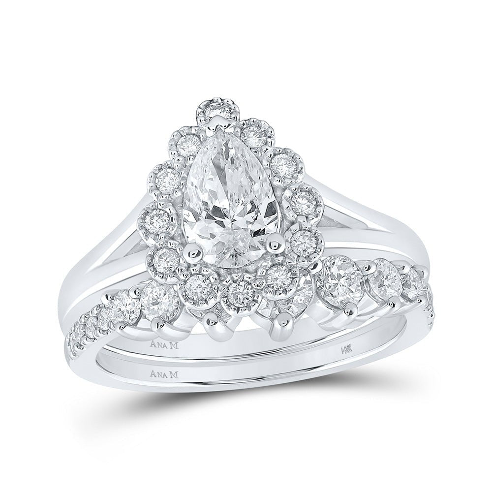 Pear Diamond Halo Wedding Ring Band Set in 14kt White Gold - Timeless Elegance for Your Special Day - Splendid Jewellery