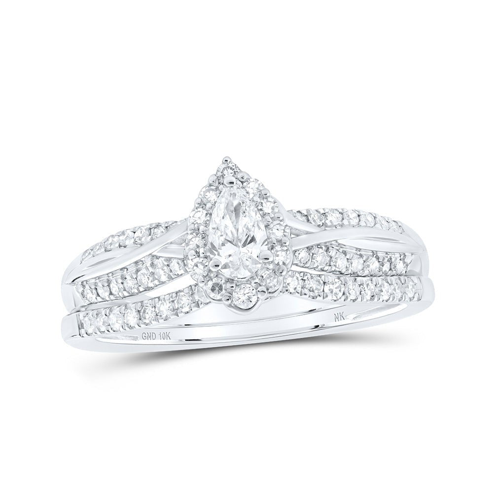 Pear Majesty 10kt White Gold Diamond Halo Bridal Wedding Ring Band Set - Splendid Jewellery