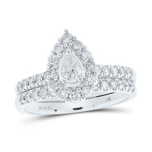 Load image into Gallery viewer, Pear Sparkle: 14kt White Gold Diamond Halo Bridal Wedding Ring Band Set - Splendid Jewellery