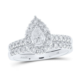 Pear Sparkle: 14kt White Gold Diamond Halo Bridal Wedding Ring Band Set - Splendid Jewellery