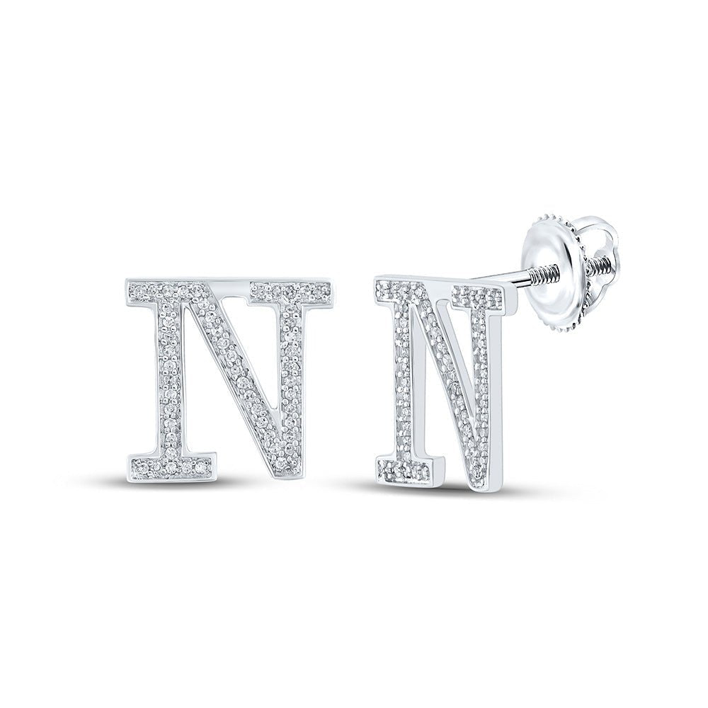 Personalized Brilliance: 10kt White Gold Womens Round Diamond N Initial Letter Earrings 1/5 Cttw - Splendid Jewellery