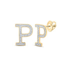 Personalized Brilliance: 10kt Yellow Gold Womens Round Diamond P Initial Letter Earrings - Splendid Jewellery