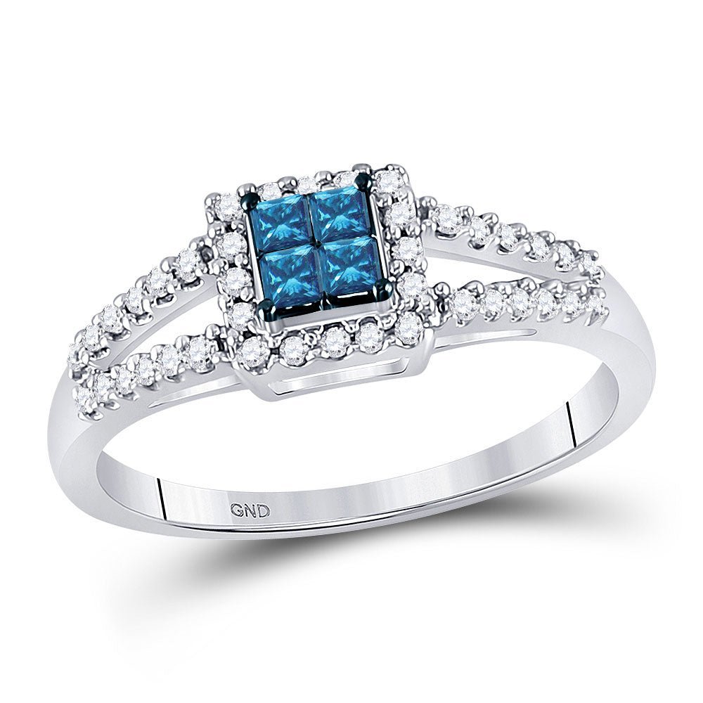 Radiant Blue Princess Diamond Cluster Ring - 14kt White Gold - Splendid Jewellery
