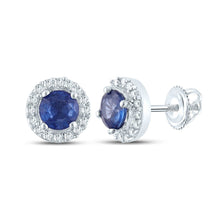 Load image into Gallery viewer, Radiant Blue Sapphire Halo Earrings in 10kt White Gold - Splendid Jewellery