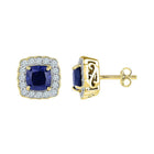 Radiant Blue Sapphire Halo Stud Earrings in 10kt Yellow Gold - Splendid Jewellery