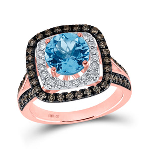 Radiant Blue Topaz Halo Ring in 14kt Rose Gold with Brown Diamonds - Splendid Jewellery