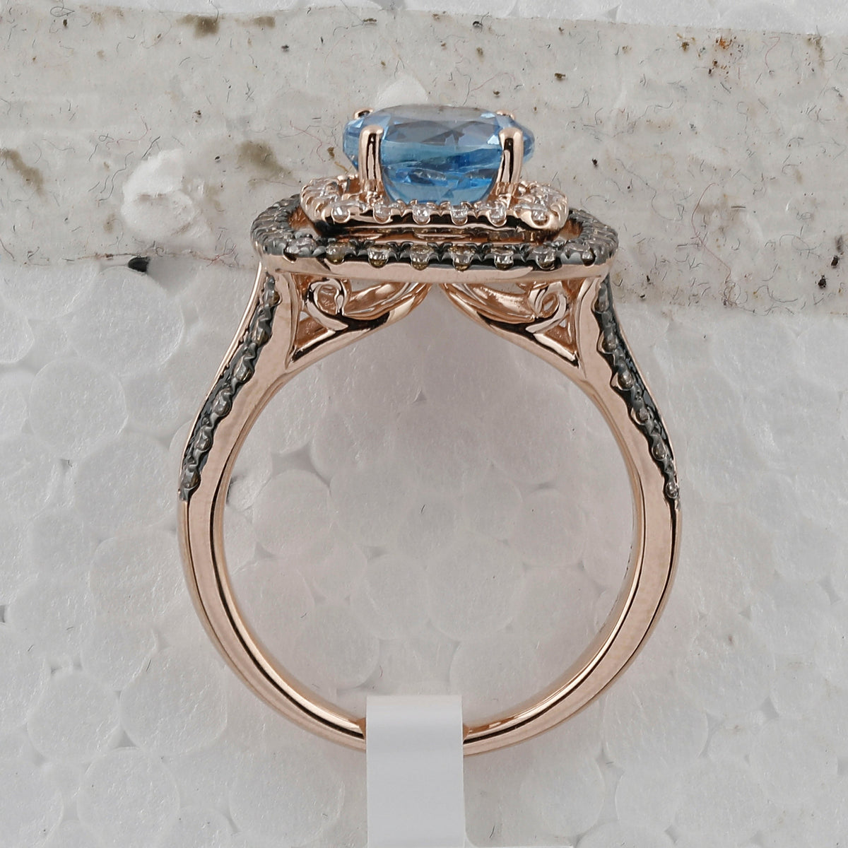 Radiant Blue Topaz Halo Ring in 14kt Rose Gold with Brown Diamonds - Splendid Jewellery