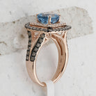 Radiant Blue Topaz Halo Ring in 14kt Rose Gold with Brown Diamonds - Splendid Jewellery