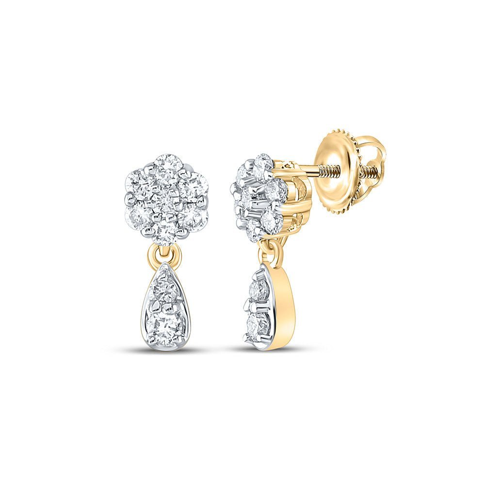 Radiant Brilliance: 10kt Yellow Gold Women's Round Diamond Cluster Dangle Earrings - Splendid Jewellery