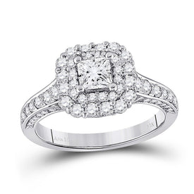Radiant Brilliance: 14kt White Gold Princess Diamond Halo Bridal Wedding Engagement Ring 1-1/2 Cttw - Top View