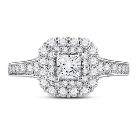Radiant Brilliance: 14kt White Gold Princess Diamond Halo Bridal Wedding Engagement Ring 1-1/2 Cttw - Front View
