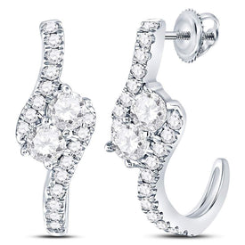 Radiant Brilliance: 14kt White Gold Womens Round Diamond J-Hoop 2-stone Earrings 1 Cttw - Top View
