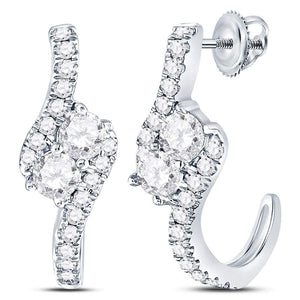 Radiant Brilliance: 14kt White Gold Womens Round Diamond J - Hoop 2 - stone Earrings 1 Cttw - Splendid Jewellery