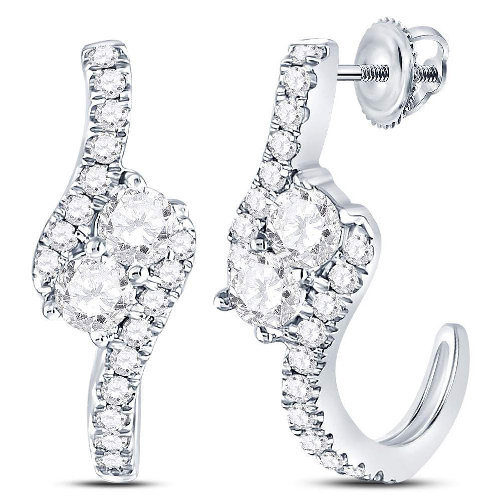 Radiant Brilliance: 14kt White Gold Womens Round Diamond J - Hoop 2 - stone Earrings 1 Cttw - Splendid Jewellery