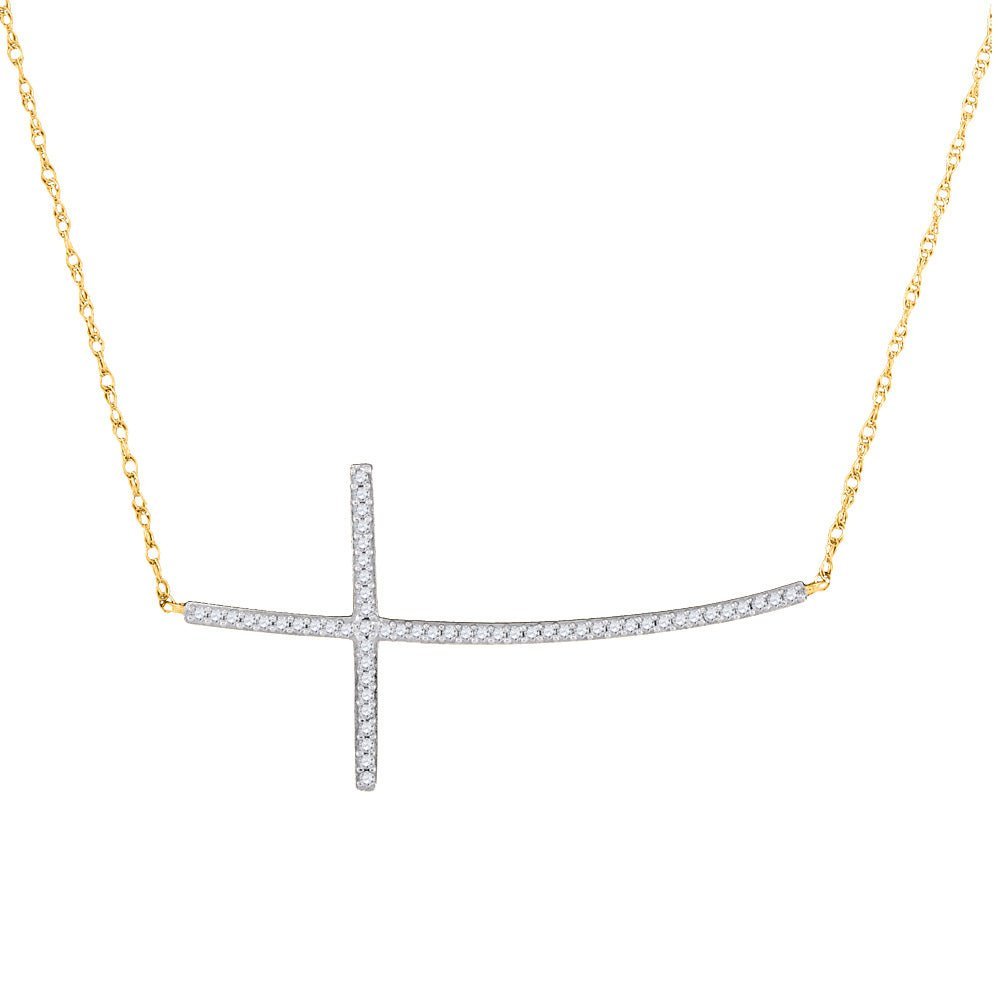 Radiant Cross of Elegance: 10kt Yellow Gold Womens Round Diamond Horizontal Pendant - Splendid Jewellery