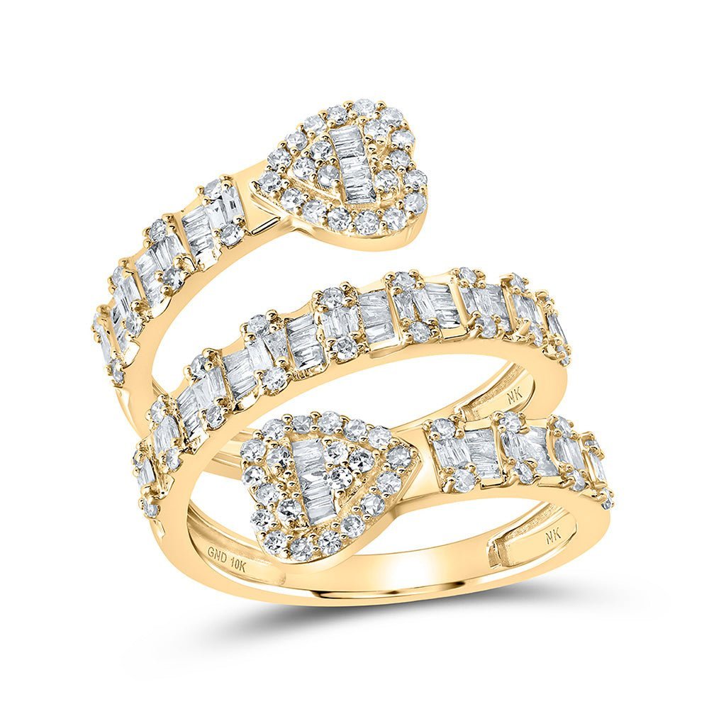 Radiant Elegance: 10kt Yellow Gold Womens Round Diamond Heart Spiral Cuff Band Ring 1 Cttw - Splendid Jewellery