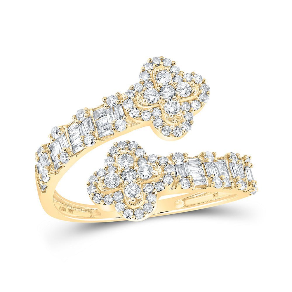 Radiant Elegance: 10kt Yellow Gold Womens Round Diamond Quatrefoil Cuff Band Ring 3/4 Cttw - Splendid Jewellery