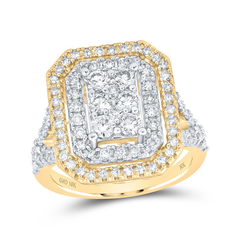 Radiant Elegance: 10kt Yellow Gold Womens Round Diamond Rectangle Cluster Ring 1 - 1/2 Cttw - Splendid Jewellery